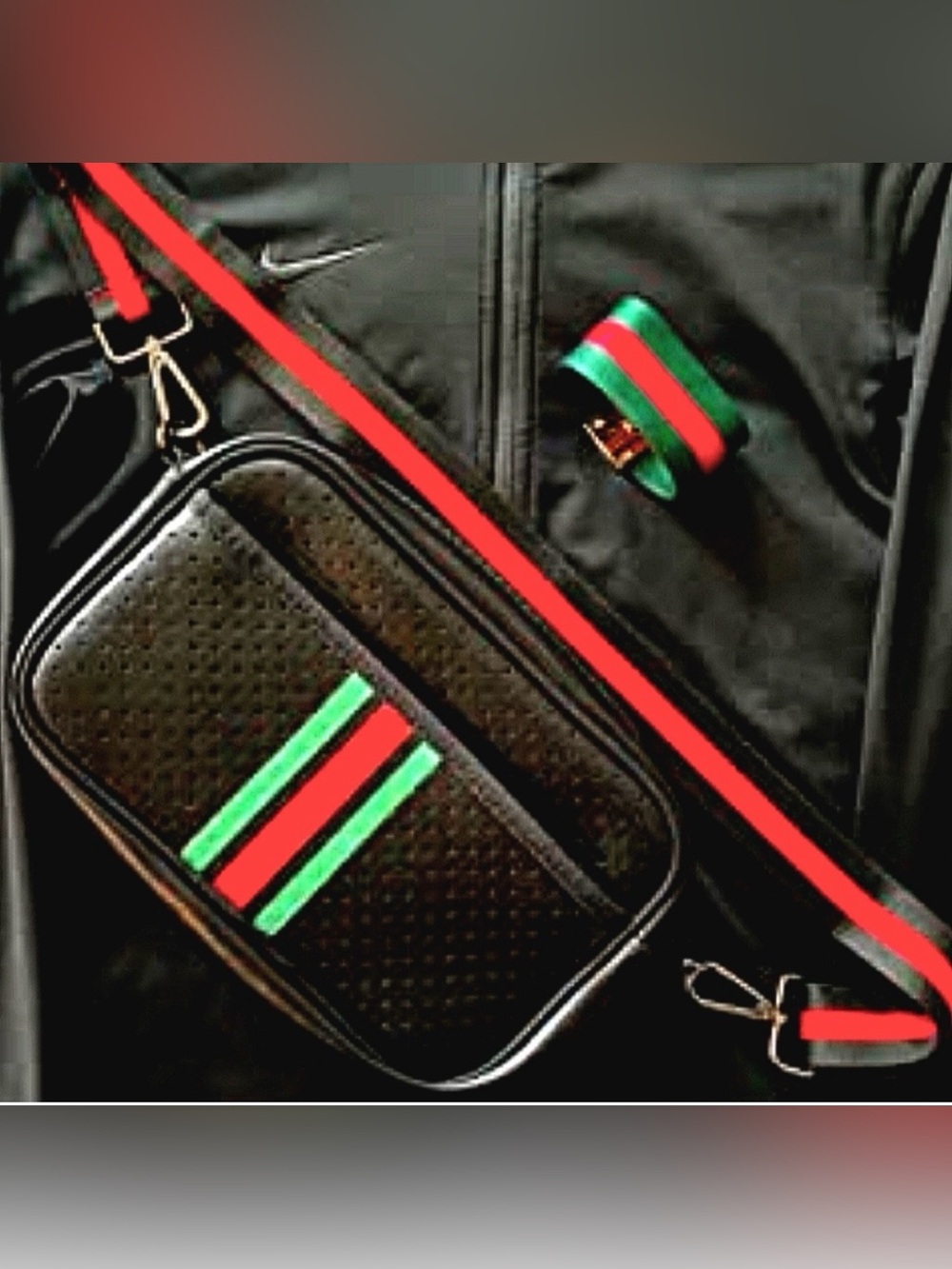 Neoprene Black Crossbody Bag with Red and Green Stripe